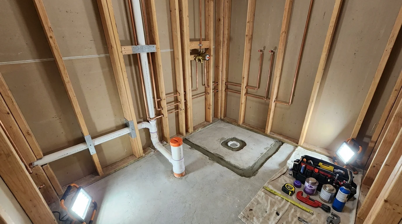 Bathroom rough-in plumbing during remodel by Johns Plumbing LLC in Montesano