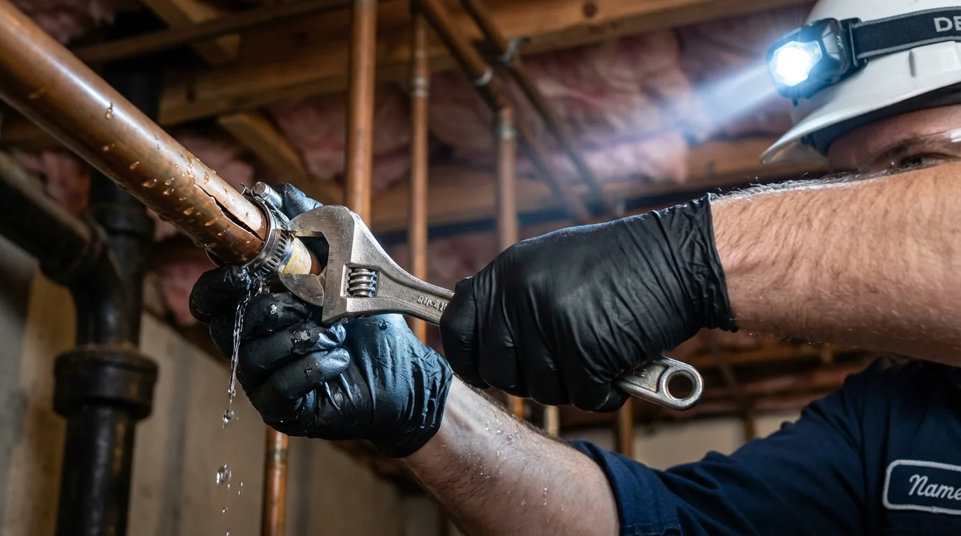 Emergency pipe clamp repair being performed by a Johns Plumbing LLC plumber in Montesano