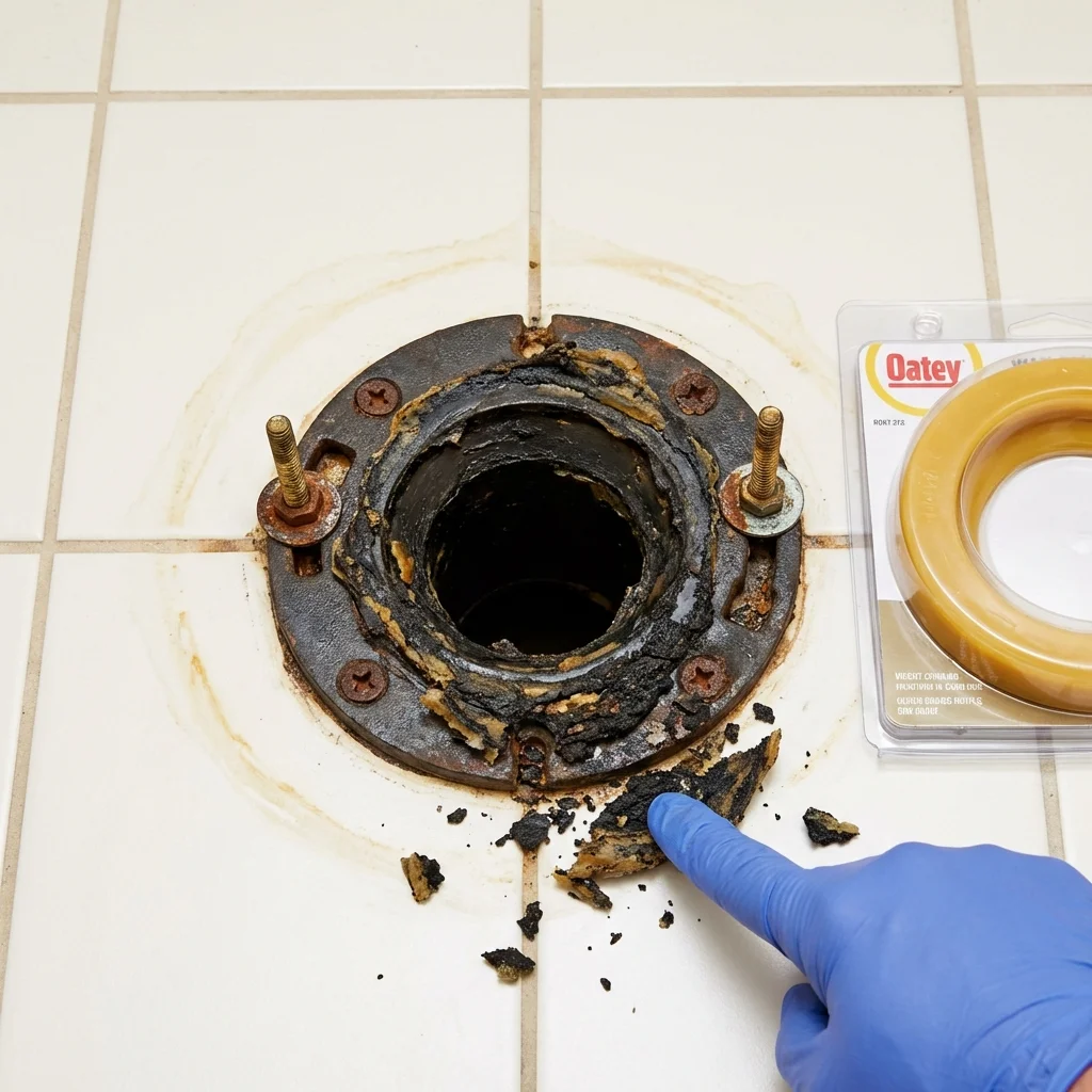 Failed wax ring showing water seepage at the base of a toilet in a Montesano, WA home